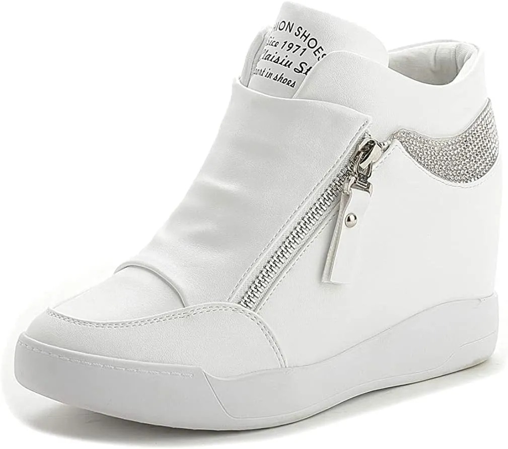 HINDOLA Womens Fashion Platform Shoes Hidden Wedge Heel High Top Sneakers for Women Rhinestone Boots Working Shoes Women