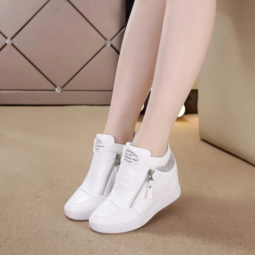 HINDOLA Womens Fashion Platform Shoes Hidden Wedge Heel High Top Sneakers for Women Rhinestone Boots Working Shoes Women