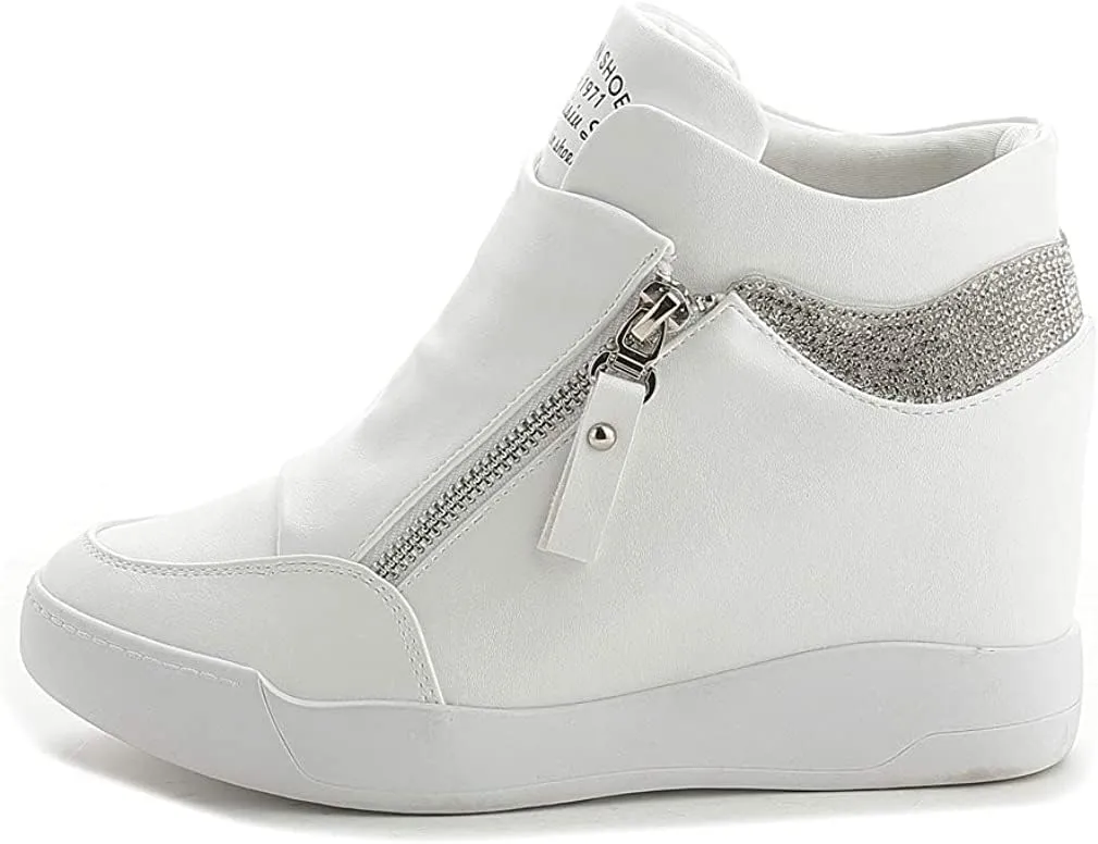 HINDOLA Womens Fashion Platform Shoes Hidden Wedge Heel High Top Sneakers for Women Rhinestone Boots Working Shoes Women