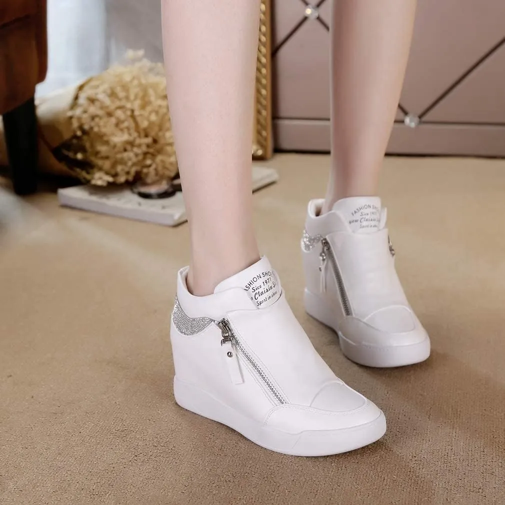 HINDOLA Womens Fashion Platform Shoes Hidden Wedge Heel High Top Sneakers for Women Rhinestone Boots Working Shoes Women