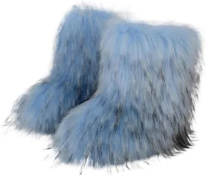 HINDOLA Womens Faux Fur Boots Fuzzy Fluffy Furry Round Toe Suede Boots Winter Comfy Plush Warm Snow Boots Comfortable Winter Ankle Booties Anti Slip Outdoor Indoor Flat Shoes