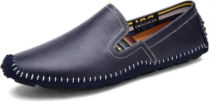 HOOENG Smoking Loafer Driving Moccasins for Men Stitching Details Genuine Leather Elastic Side Flexible Comfortable Flat Heel Resistant Soft Walking Slip on (Color : Blue, Size : 7)