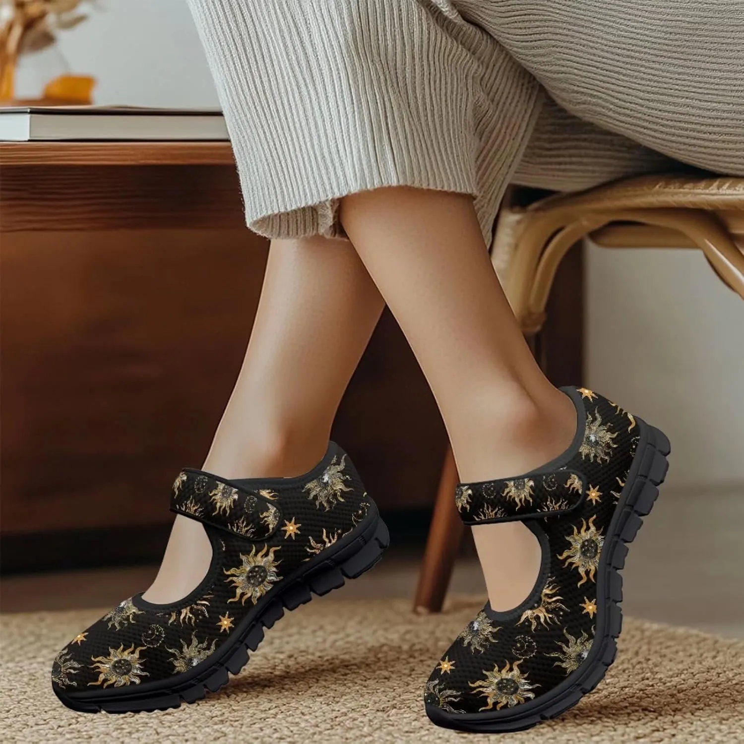 Howilath Universe Galaxy Print Women's Ballet Flats Round Toe Mary Janes Dress Shoes Single Buckle Flats Shoes