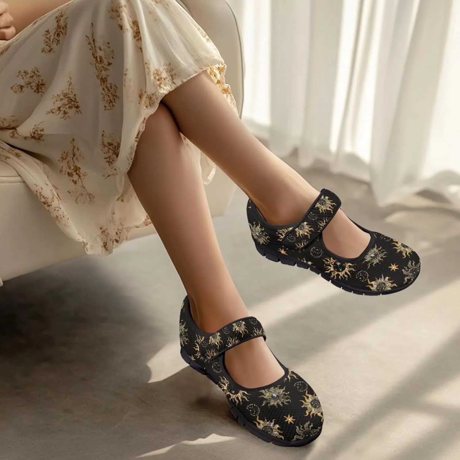 Howilath Universe Galaxy Print Women's Ballet Flats Round Toe Mary Janes Dress Shoes Single Buckle Flats Shoes