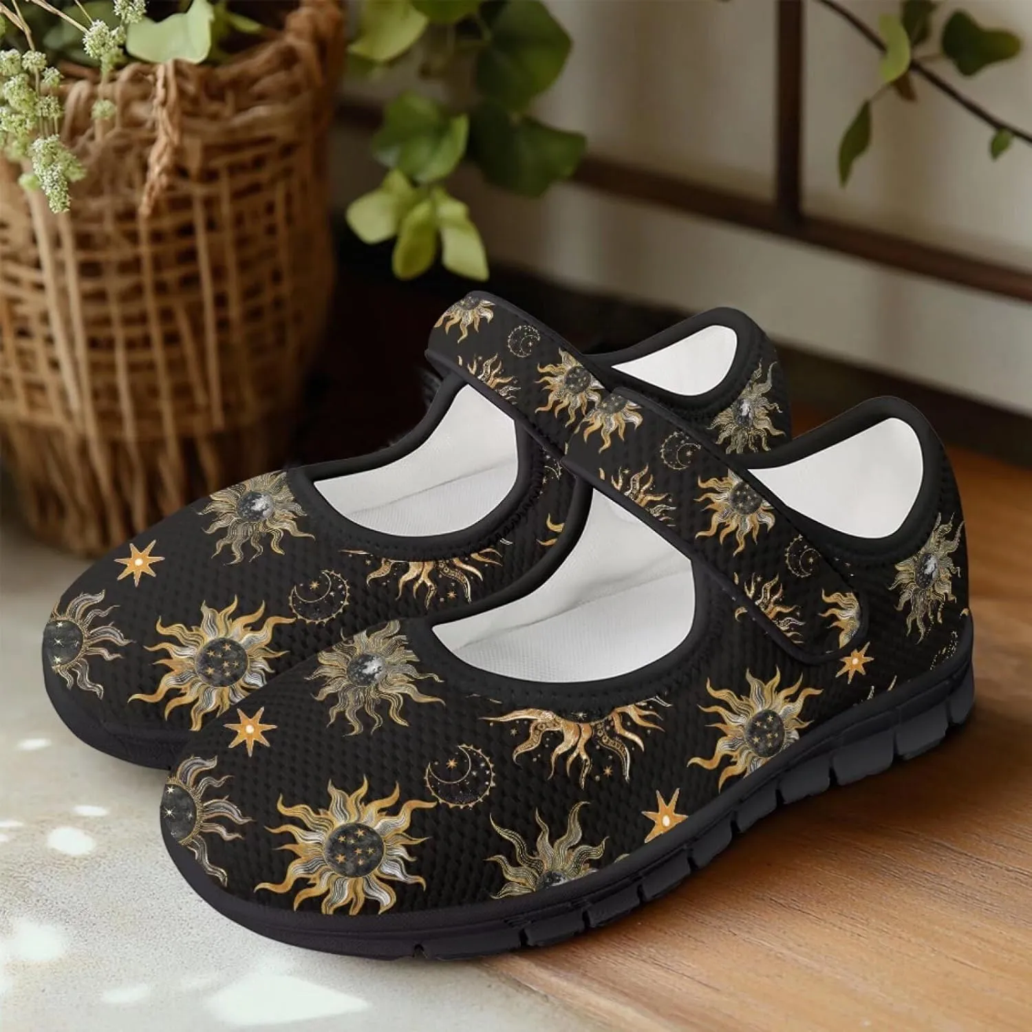 Howilath Universe Galaxy Print Women's Ballet Flats Round Toe Mary Janes Dress Shoes Single Buckle Flats Shoes