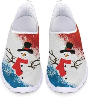 HUIACONG Christmas Snowman Women's Slip on Sneakers Cartoon Colorful Snowflake Ladies Flat Size 11.5 Tennis Outdoor Gym Footwear for Teen Girls Fashion Trainers
