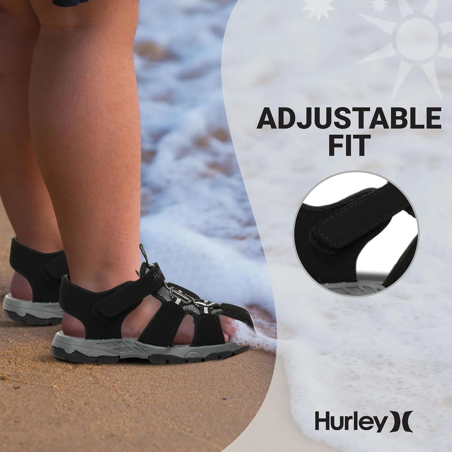 Hurley Kid's Deck Water Sandals, Sports and Beach Sandals for Boys and Girls, Lightweight Semi Closed Toe Sandals with Adjustable Upper - for Outdoors, Water Play and Pool