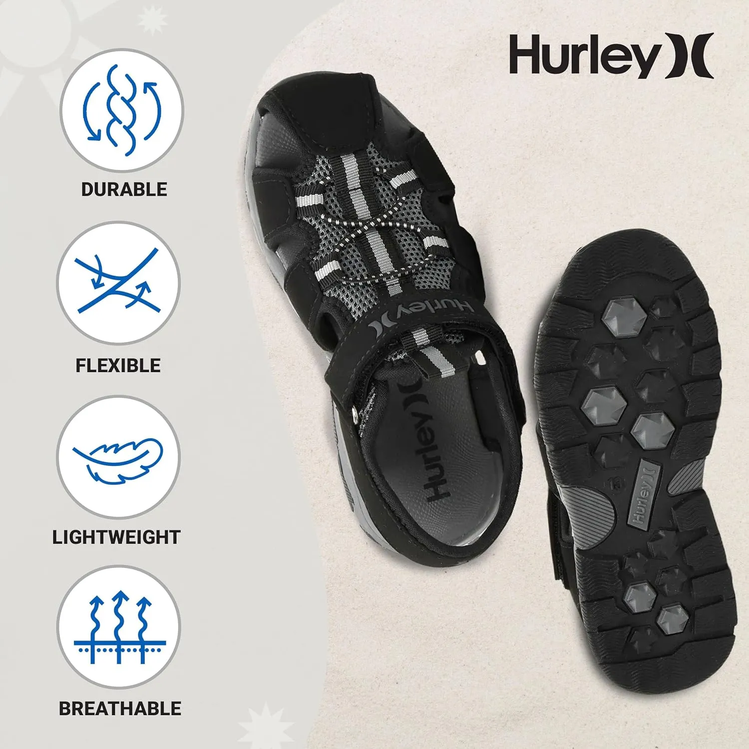 Hurley Kid's Deck Water Sandals, Sports and Beach Sandals for Boys and Girls, Lightweight Semi Closed Toe Sandals with Adjustable Upper - for Outdoors, Water Play and Pool