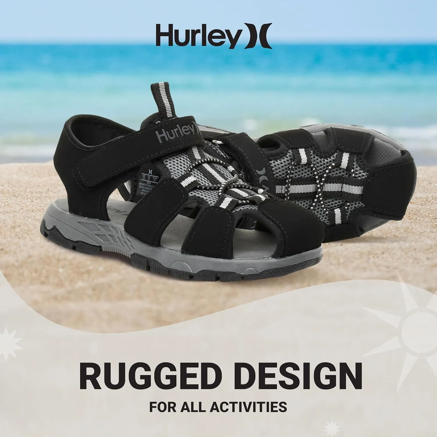 Hurley Kid's Deck Water Sandals, Sports and Beach Sandals for Boys and Girls, Lightweight Semi Closed Toe Sandals with Adjustable Upper - for Outdoors, Water Play and Pool