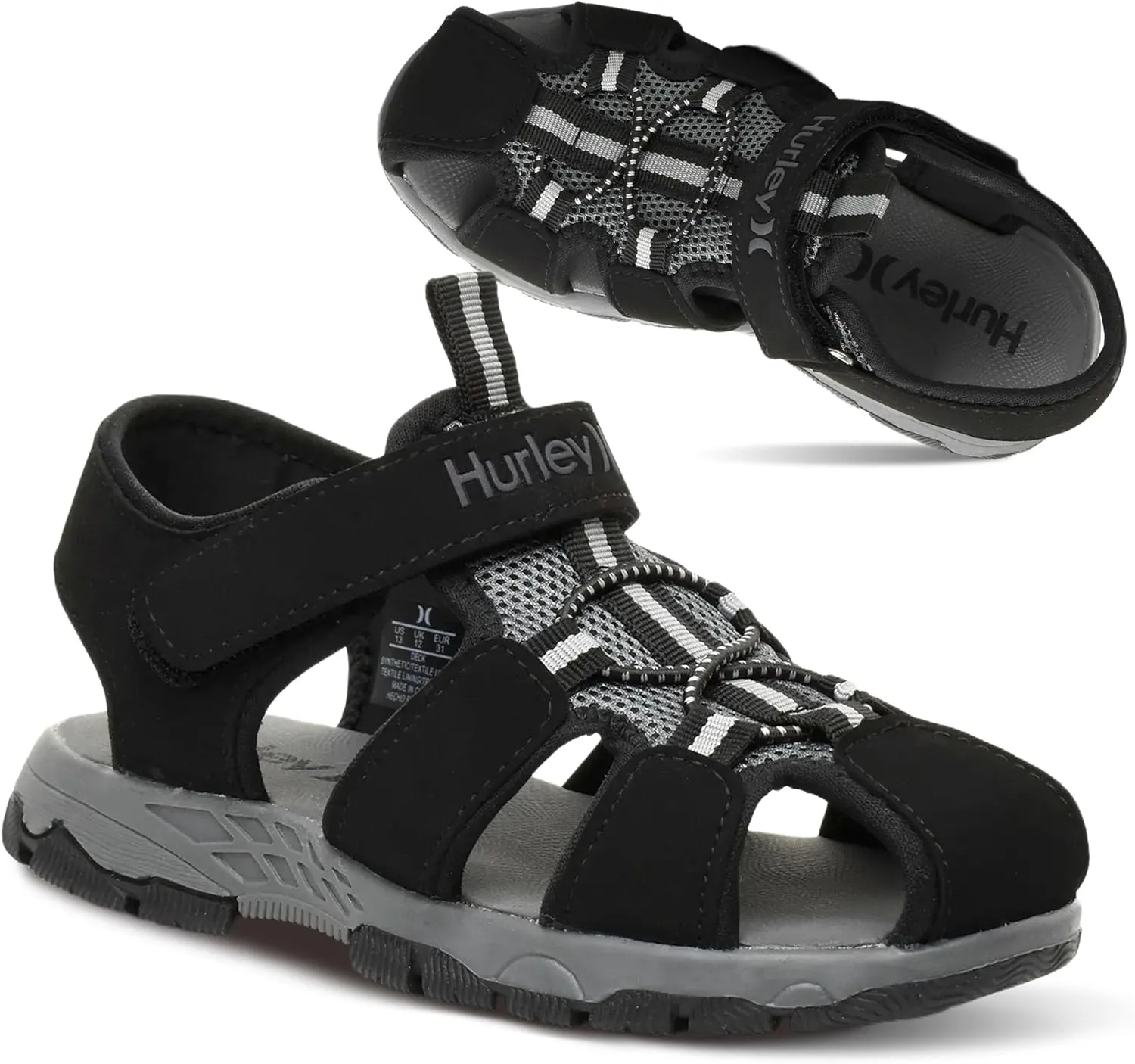 Hurley Kid's Deck Water Sandals, Sports and Beach Sandals for Boys and Girls, Lightweight Semi Closed Toe Sandals with Adjustable Upper - for Outdoors, Water Play and Pool