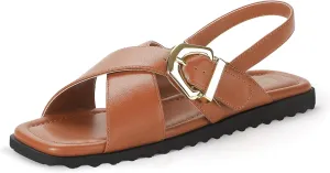 IDIFU Buckle Strappy Flat Sandals for Women Open Square Toe Cross Strap Ankle Strap Slingback Dress Women Ladies Comfortable Dressy Cute Trendy Casual Summer Walking Shoes Sandals