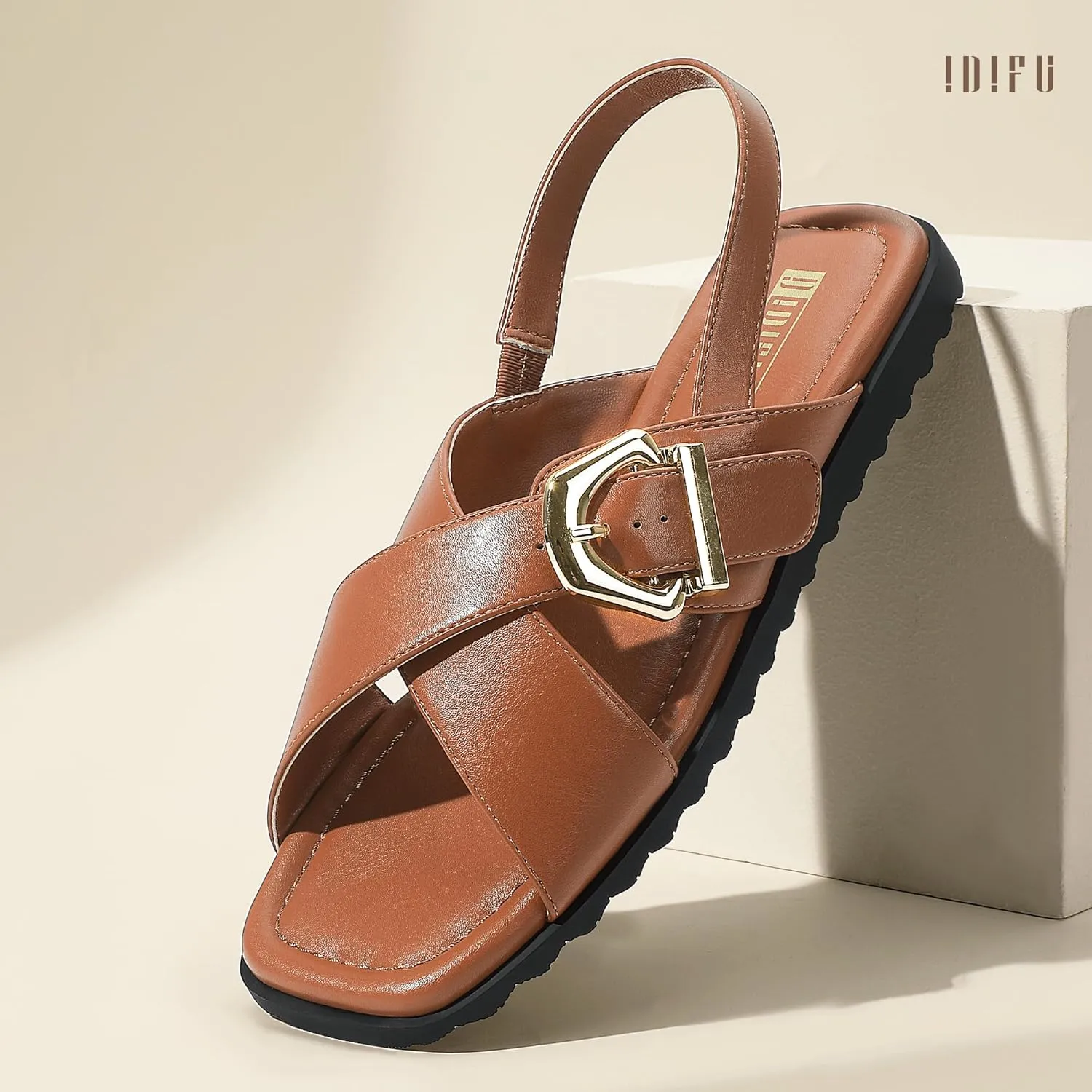 IDIFU Buckle Strappy Flat Sandals for Women Open Square Toe Cross Strap Ankle Strap Slingback Dress Women Ladies Comfortable Dressy Cute Trendy Casual Summer Walking Shoes Sandals