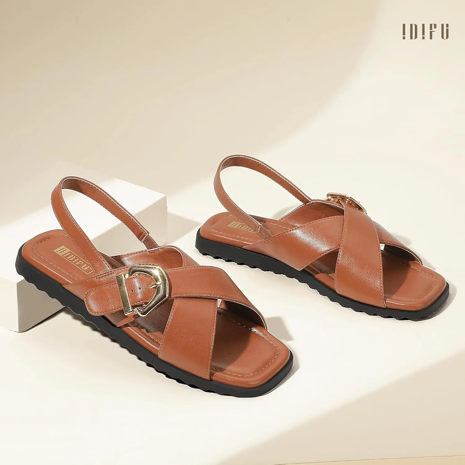 IDIFU Buckle Strappy Flat Sandals for Women Open Square Toe Cross Strap Ankle Strap Slingback Dress Women Ladies Comfortable Dressy Cute Trendy Casual Summer Walking Shoes Sandals