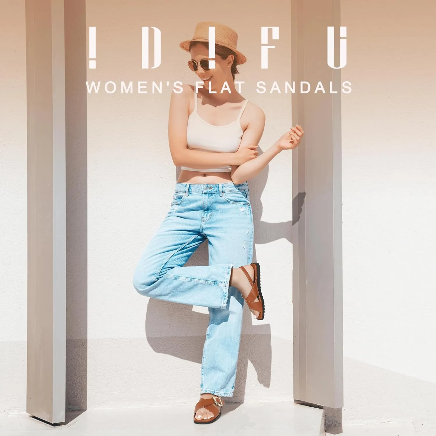 IDIFU Buckle Strappy Flat Sandals for Women Open Square Toe Cross Strap Ankle Strap Slingback Dress Women Ladies Comfortable Dressy Cute Trendy Casual Summer Walking Shoes Sandals