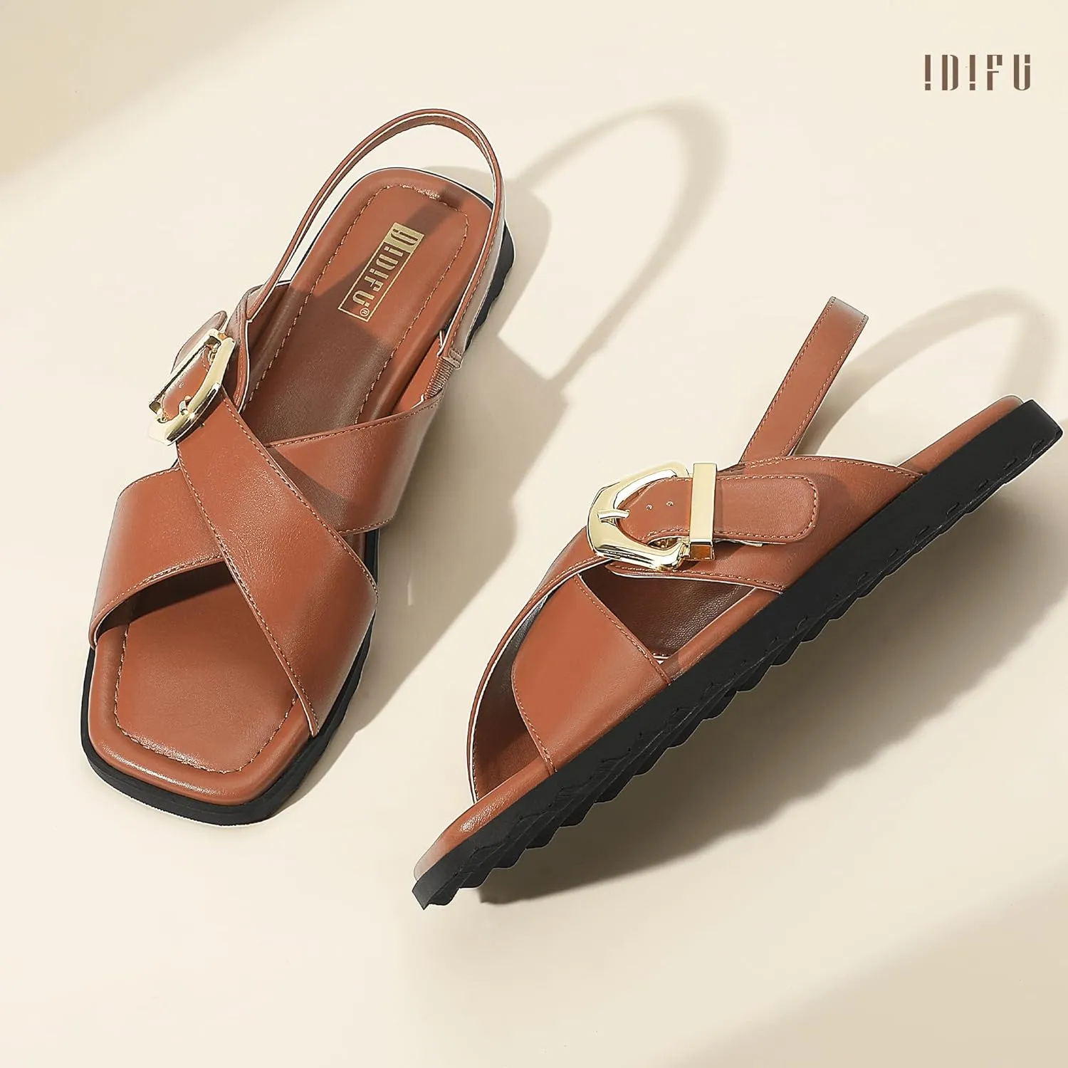 IDIFU Buckle Strappy Flat Sandals for Women Open Square Toe Cross Strap Ankle Strap Slingback Dress Women Ladies Comfortable Dressy Cute Trendy Casual Summer Walking Shoes Sandals
