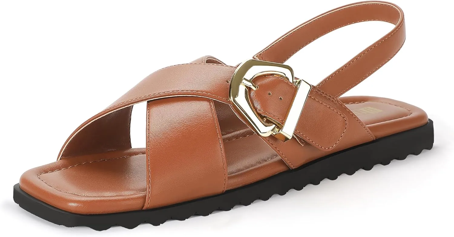 IDIFU Buckle Strappy Flat Sandals for Women Open Square Toe Cross Strap Ankle Strap Slingback Dress Women Ladies Comfortable Dressy Cute Trendy Casual Summer Walking Shoes Sandals