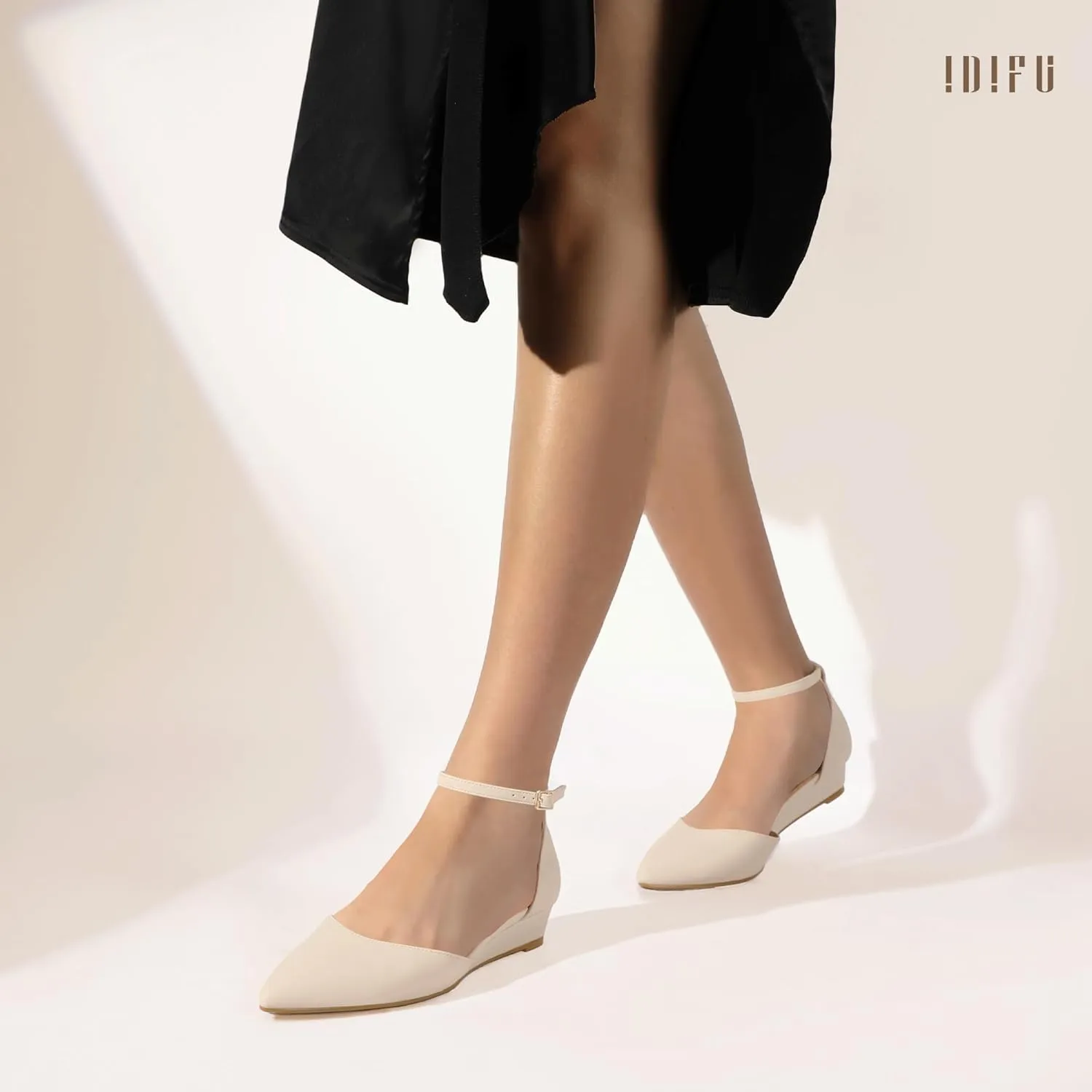 IDIFU Women's Low Wedge Flats Closed Pointed Toe Dress Shoes for Women with Adjustable Ankle Strap Wedding Bridal Work Office Business Prom Comfortable Dressy Casual Formal Cute Flat Shoes