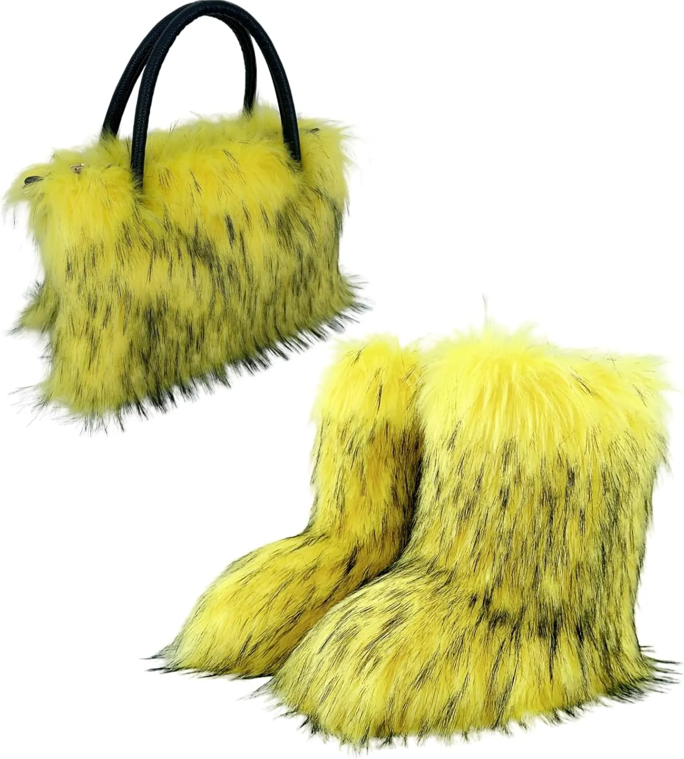 ikasus Faux Fur Tote Bag Women's Shoulder Handbags Fluffy Handbags Winter Handbag Boots Set Plush Tote Bag Mid Calf Boots, Yellow 43