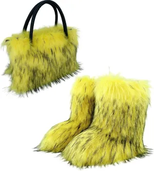 ikasus Faux Fur Tote Bag Women's Shoulder Handbags Fluffy Handbags Winter Handbag Boots Set Plush Tote Bag Mid Calf Boots, Yellow 43