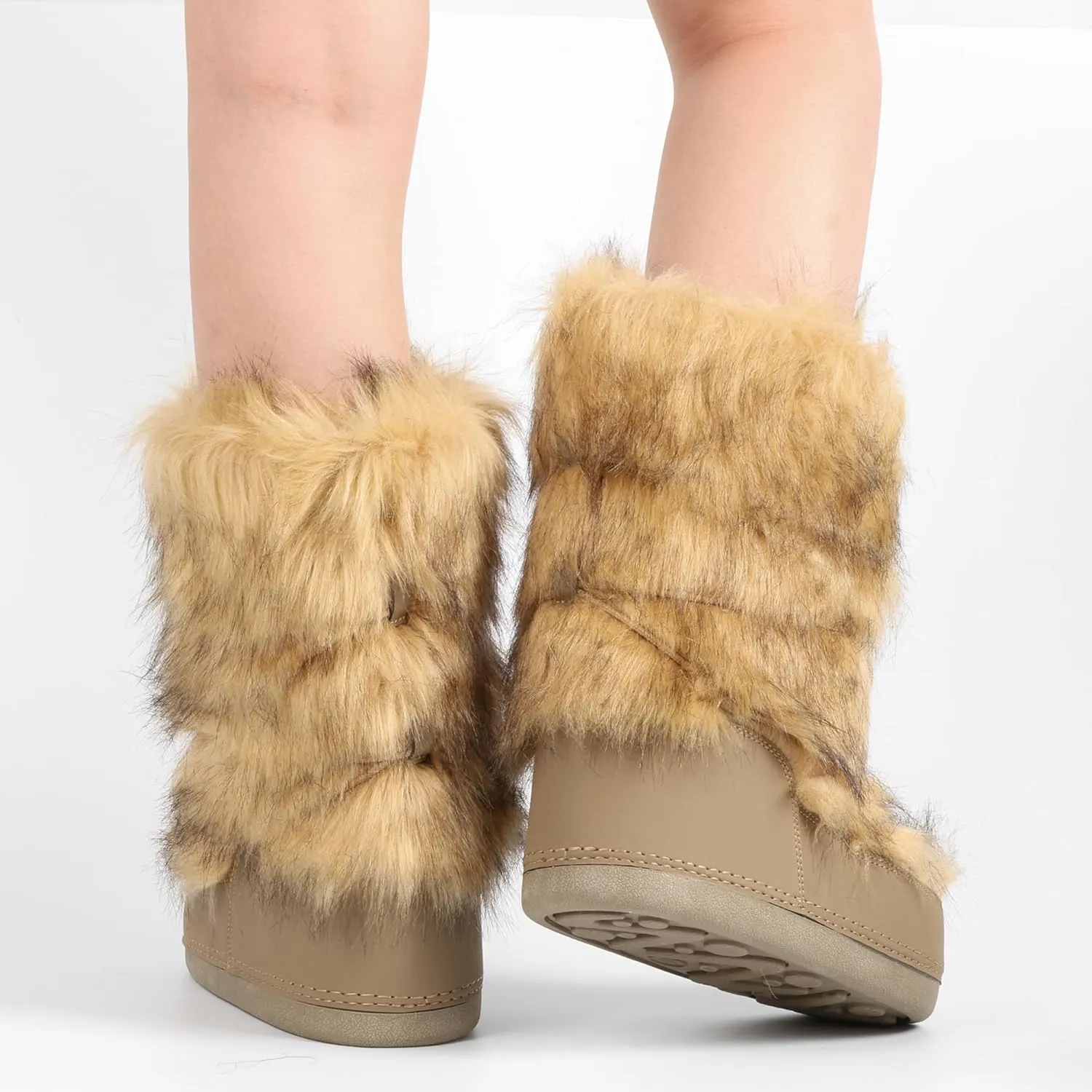 IXU Women's Faux Fur Boots Mid Calf Furry Fluffy Snow Boots