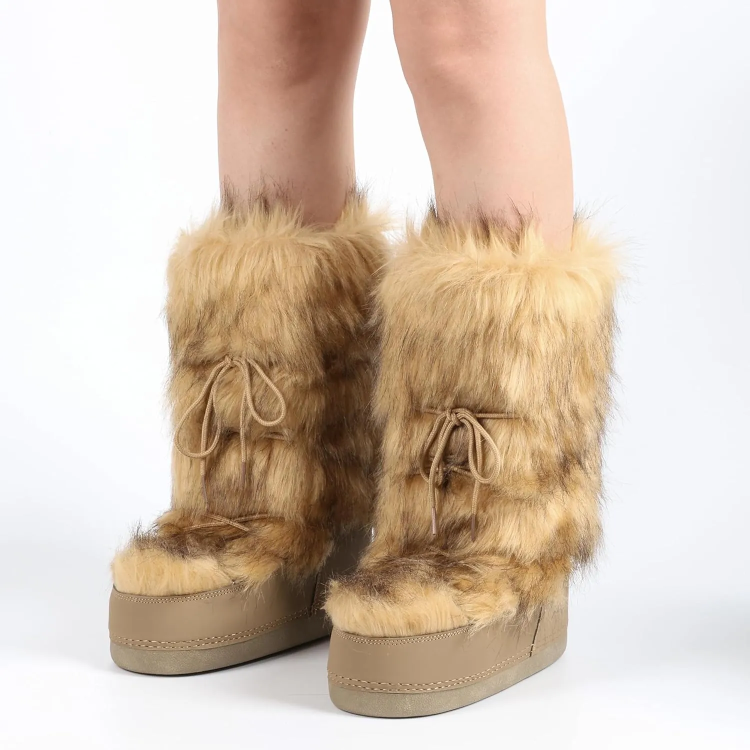 IXU Women's Faux Fur Boots Mid Calf Furry Fluffy Snow Boots