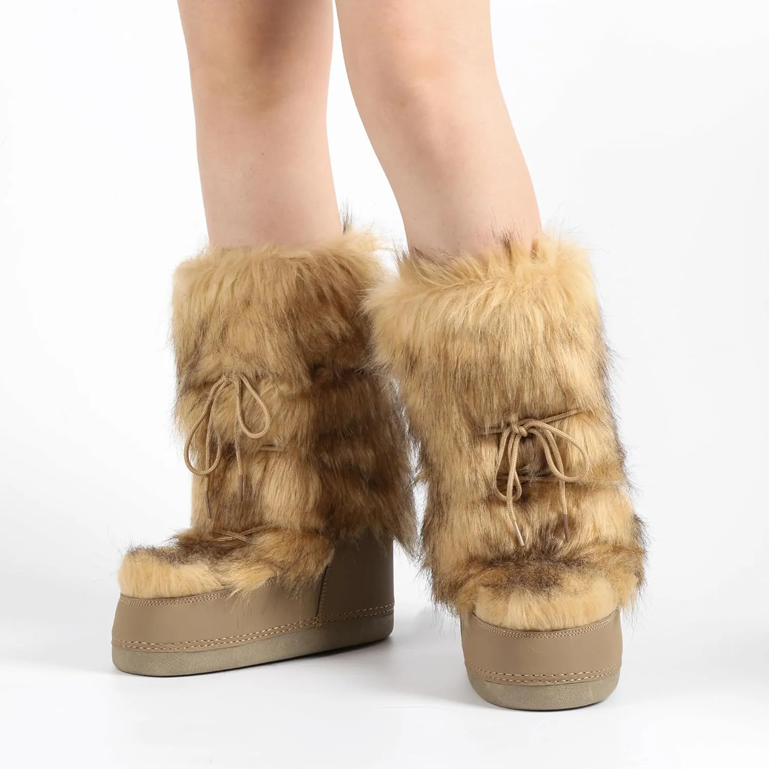 IXU Women's Faux Fur Boots Mid Calf Furry Fluffy Snow Boots