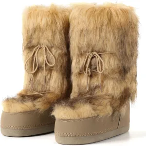 IXU Women's Faux Fur Boots Mid Calf Furry Fluffy Snow Boots