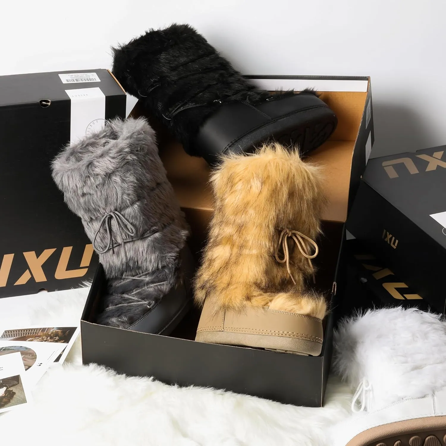 IXU Women's Faux Fur Boots Mid Calf Furry Fluffy Snow Boots