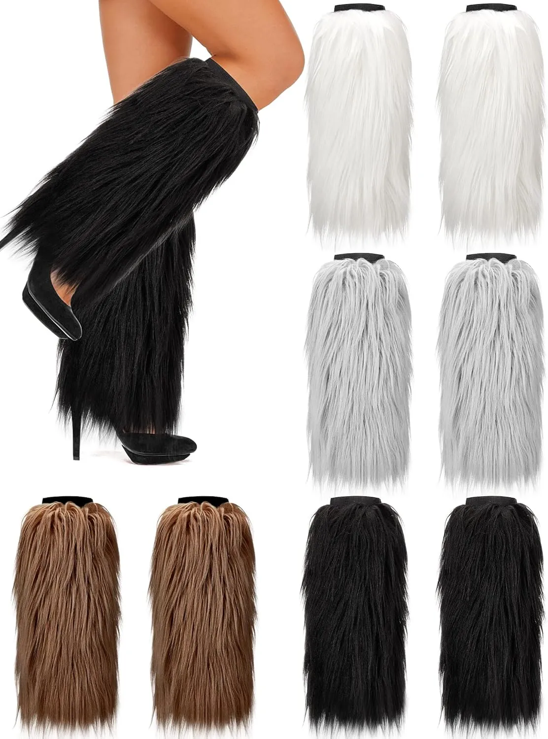 JaGely 4 Pairs Faux Fur Leg Warmers Fluffy Fuzzy Long Boots Cuffs Winter Warm Boot Covers Fur for Women Party Costume Holiday Festival Performance Carnival