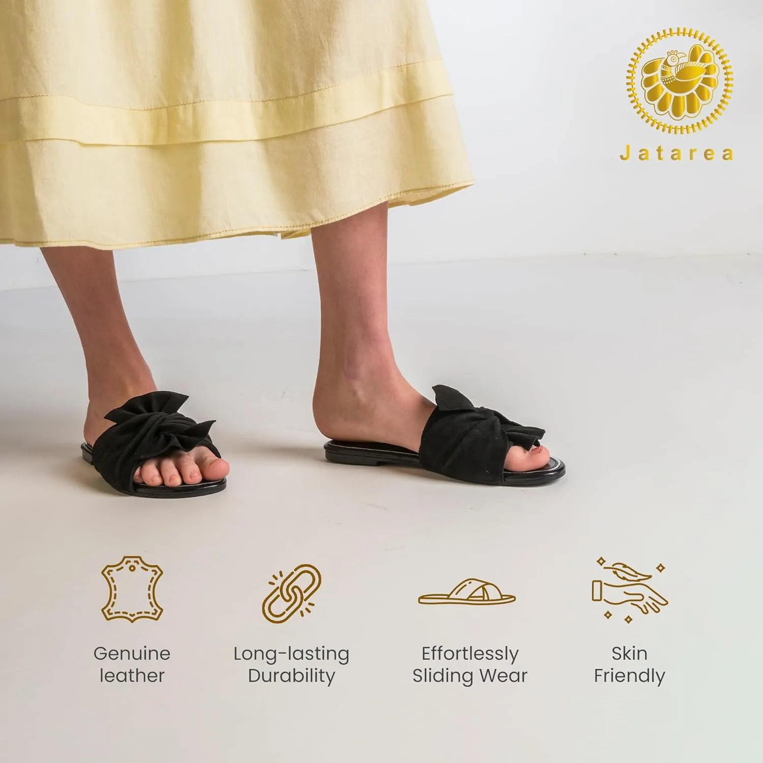 JATAREA Women’s Slip-On Leather Flat Sandals with Round Open Toe | Classic and Trendy Slippers - CAVERY