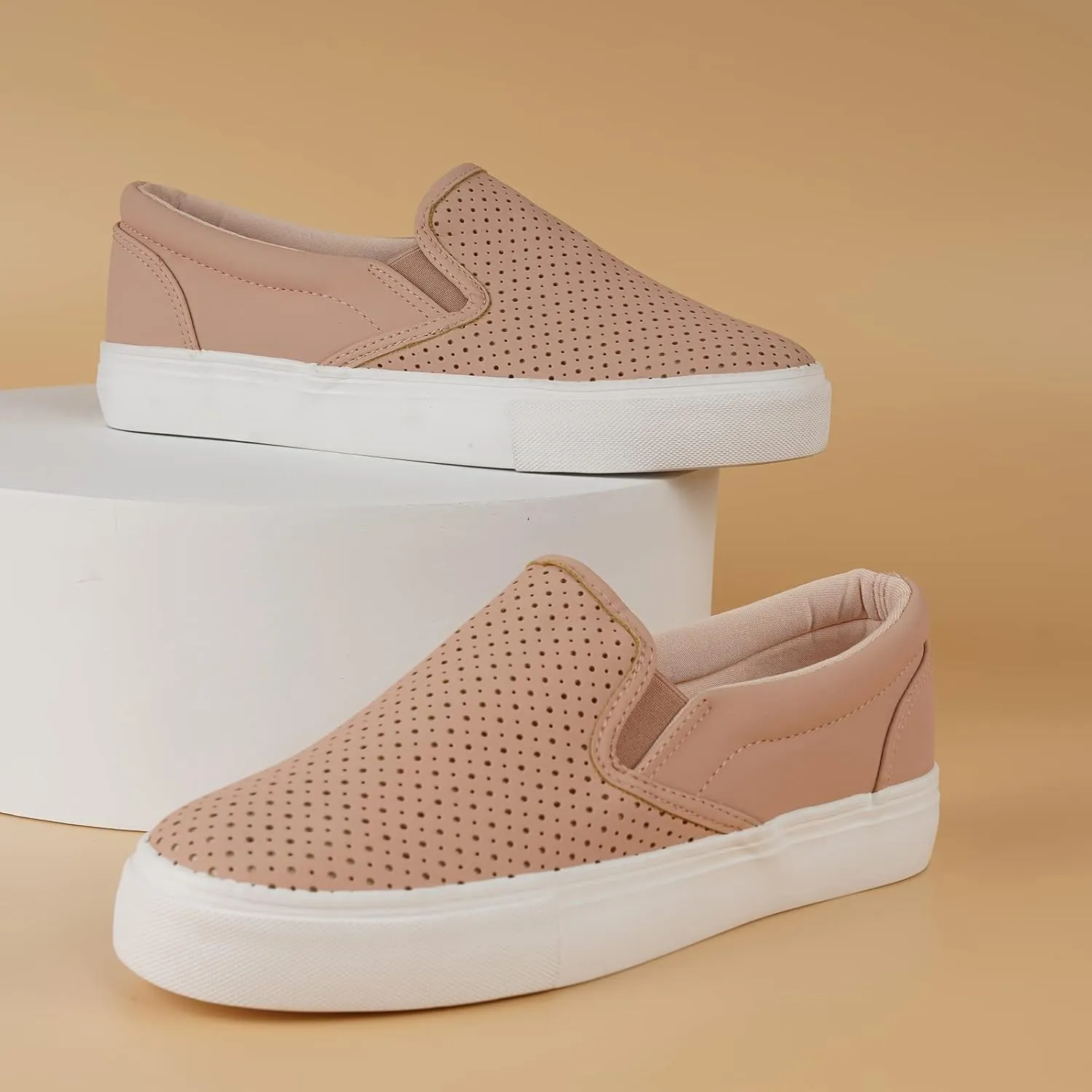 JENN ARDOR Womens Slip On Sneakers Perforated/Quilted Casual Shoes Fashion Walking Flats