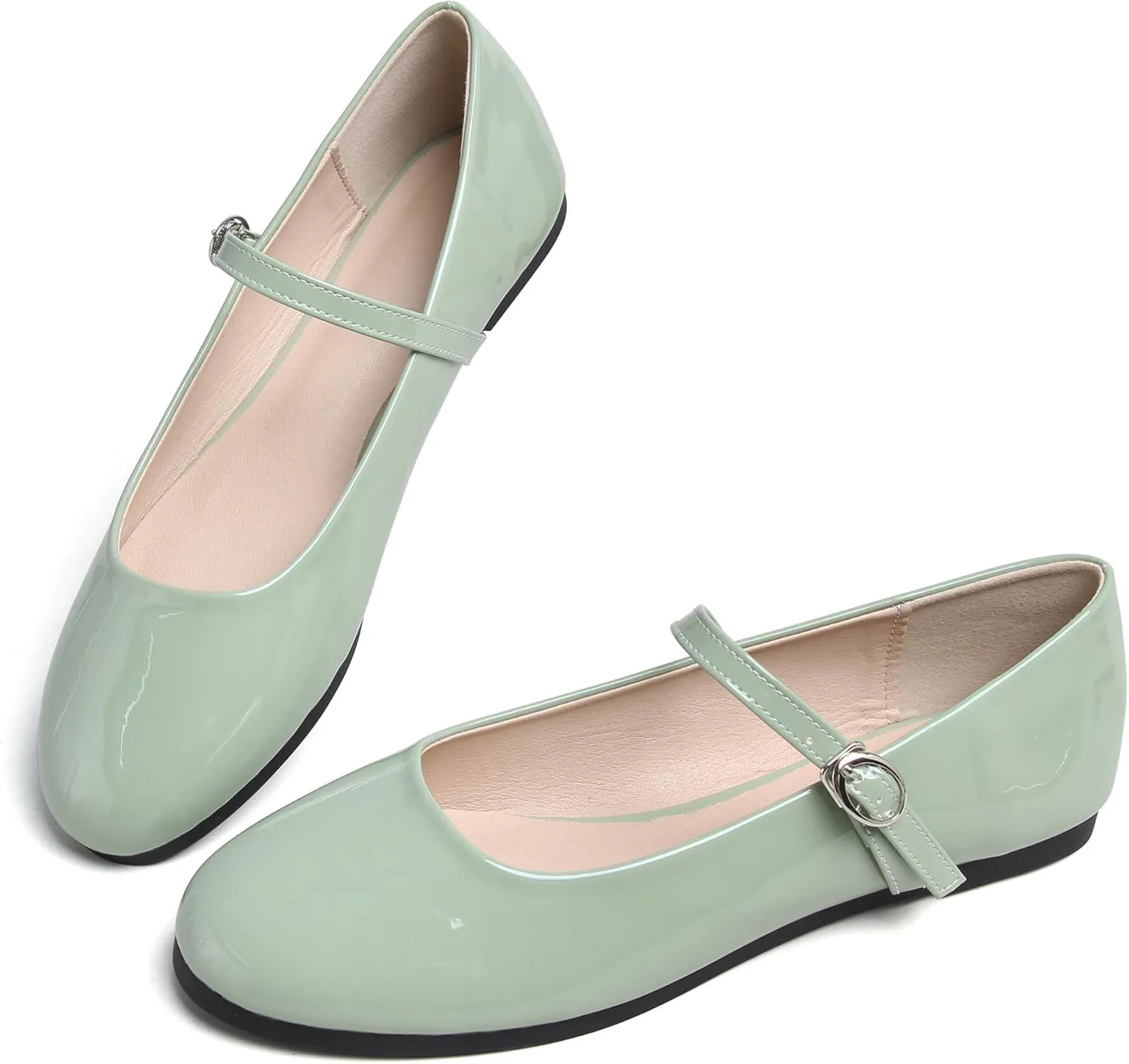 JiangWei Shu Round Toe Flats Dress Mary Jane Shoes Ankle Strap Ballet Flats Comfortable Casual Flats