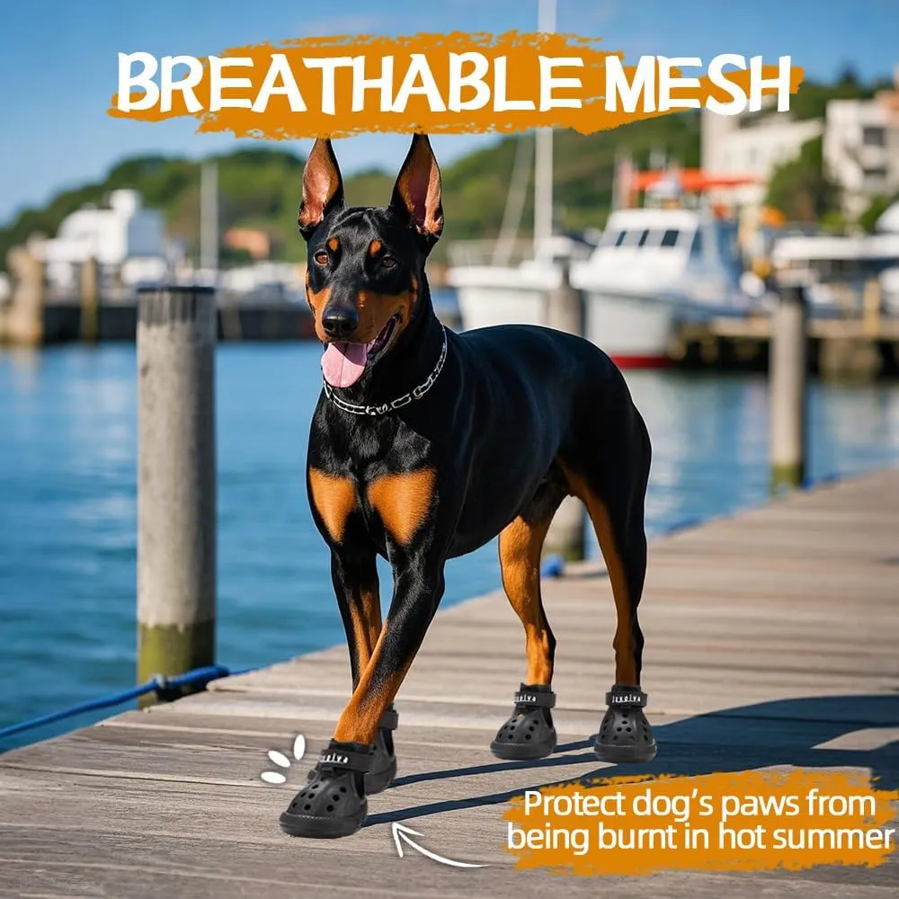 JZXOIVA Dog Shoes for Hot Pavement, Dog Crocs for Large Dogs, Breathable Dog Boots & Paw Protectors, Adjustable Non-Slip Dog Rain Booties, Waterproof Pets Sandals for Beach Black Size 9