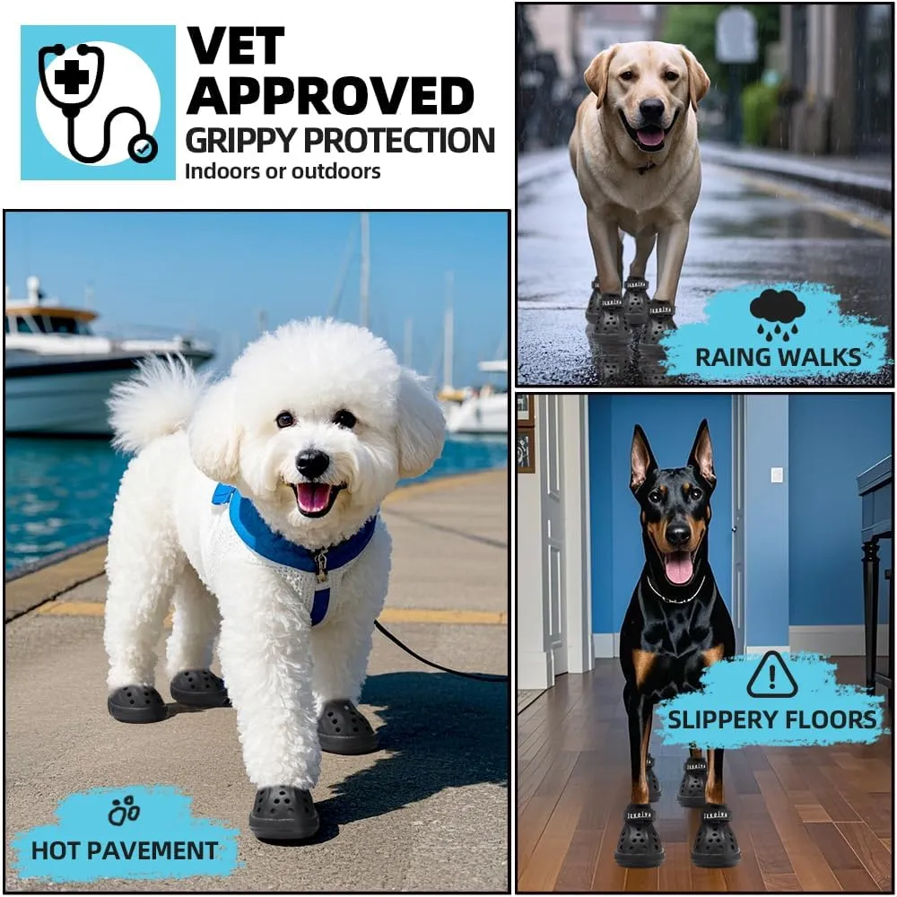 JZXOIVA Dog Shoes for Hot Pavement, Dog Crocs for Small Dogs, Breathable Dog Boots & Paw Protectors, Adjustable Non-Slip Dog Rain Booties, Waterproof Pets Sandals for Beach Black Size 1
