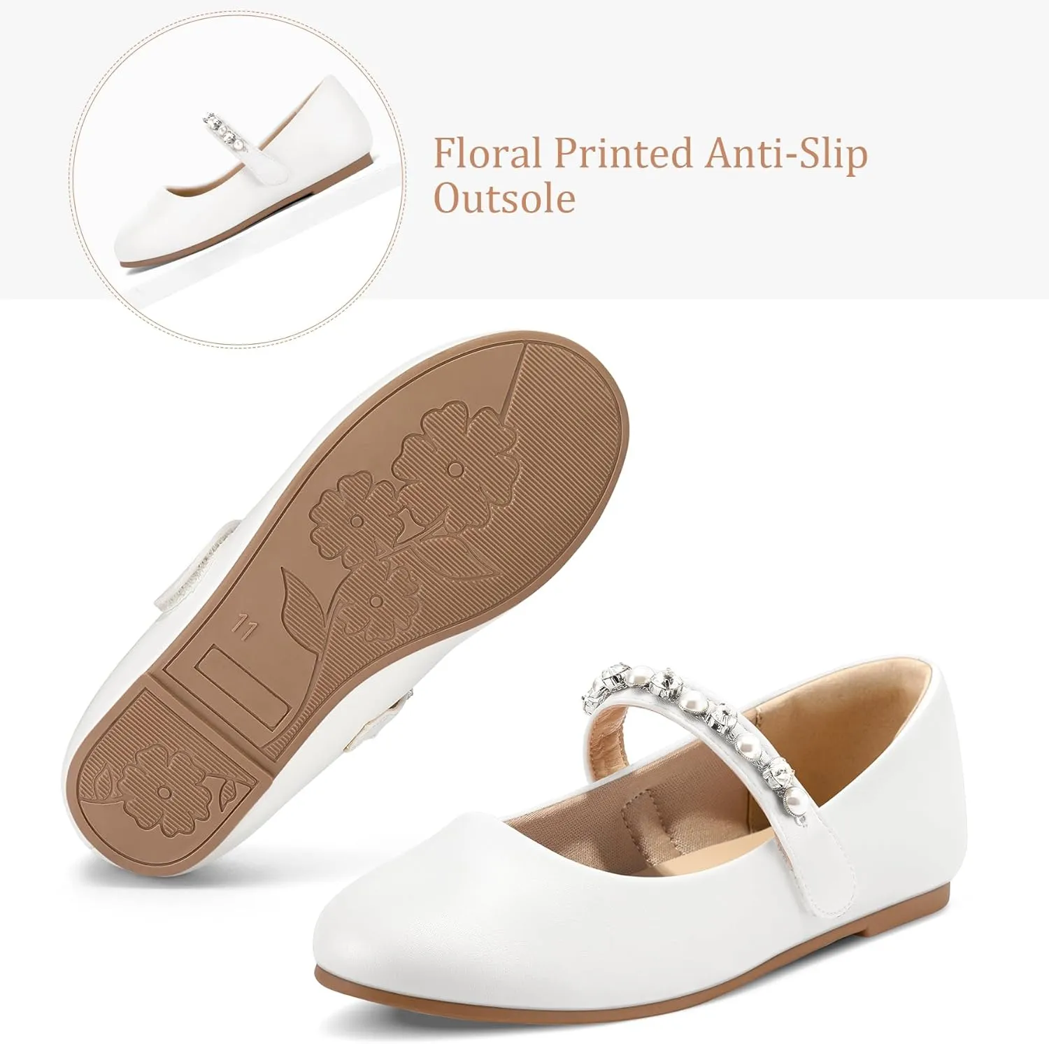 K KomForme Girl Toddler/Little Kid/Big Kid Ballet Flats Pearl Rhinestone Mary Jane Slip-on Party School Princess Flower Wedding Dress Shoes