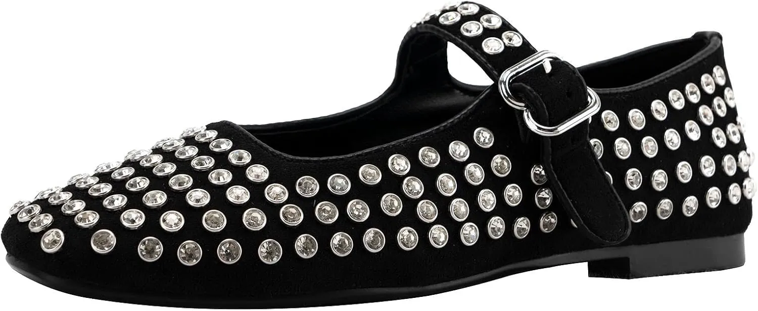 KaroNairy Rhinestone Ballet Flats for Women Gem Mary Jane Flats Comfortable Round Toe Ballerina Shoes Dancing Black