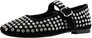 KaroNairy Rhinestone Ballet Flats for Women Gem Mary Jane Flats Comfortable Round Toe Ballerina Shoes Dancing Black
