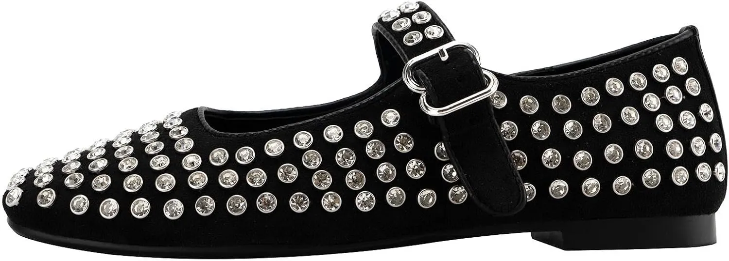 KaroNairy Rhinestone Ballet Flats for Women Gem Mary Jane Flats Comfortable Round Toe Ballerina Shoes Dancing Black