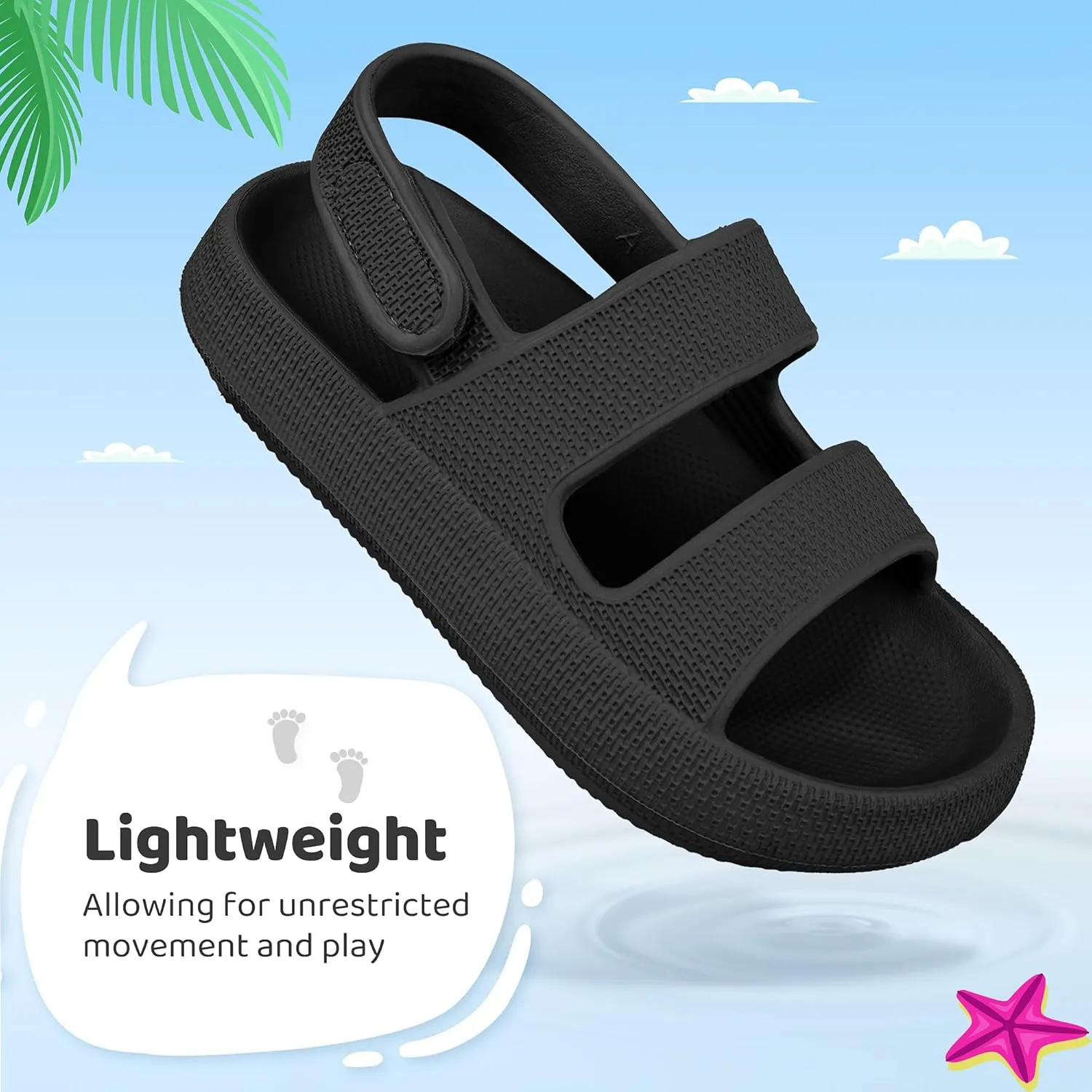 Kids Sandals Boys Girls Cloud Slide Sandals Open Toe Sports Sandals EVA Thick Sole Water Sandals with Hook and Loop Back Strap