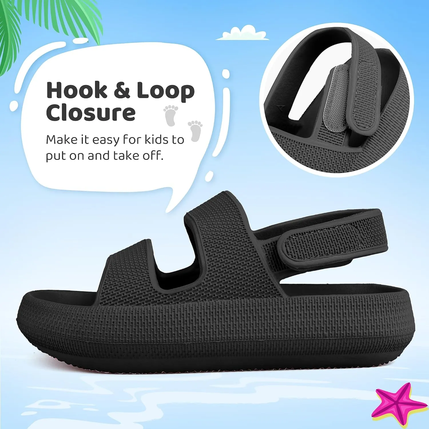 Kids Sandals Boys Girls Cloud Slide Sandals Open Toe Sports Sandals EVA Thick Sole Water Sandals with Hook and Loop Back Strap