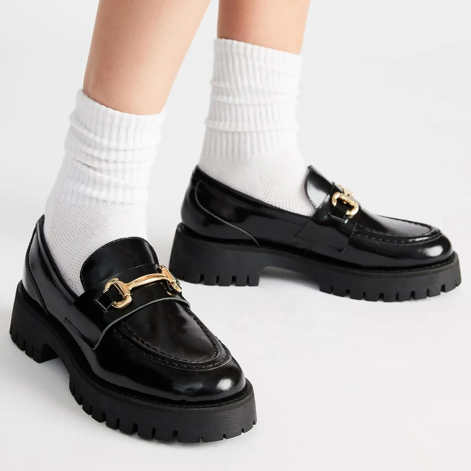 KISSASA Womens Tassel Platform Patent Chunky Heeled Loafers Slip On Uniform Dress Shoes