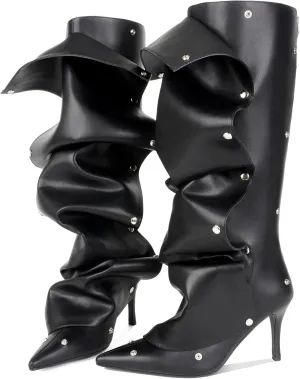 Knee High Boots for Women, Pointed Toe Stiletto Shark Boots, Detachable High Heels Fold Over Long Boots Ruched Slouchy Tall Studded Sexy Boots for Women
