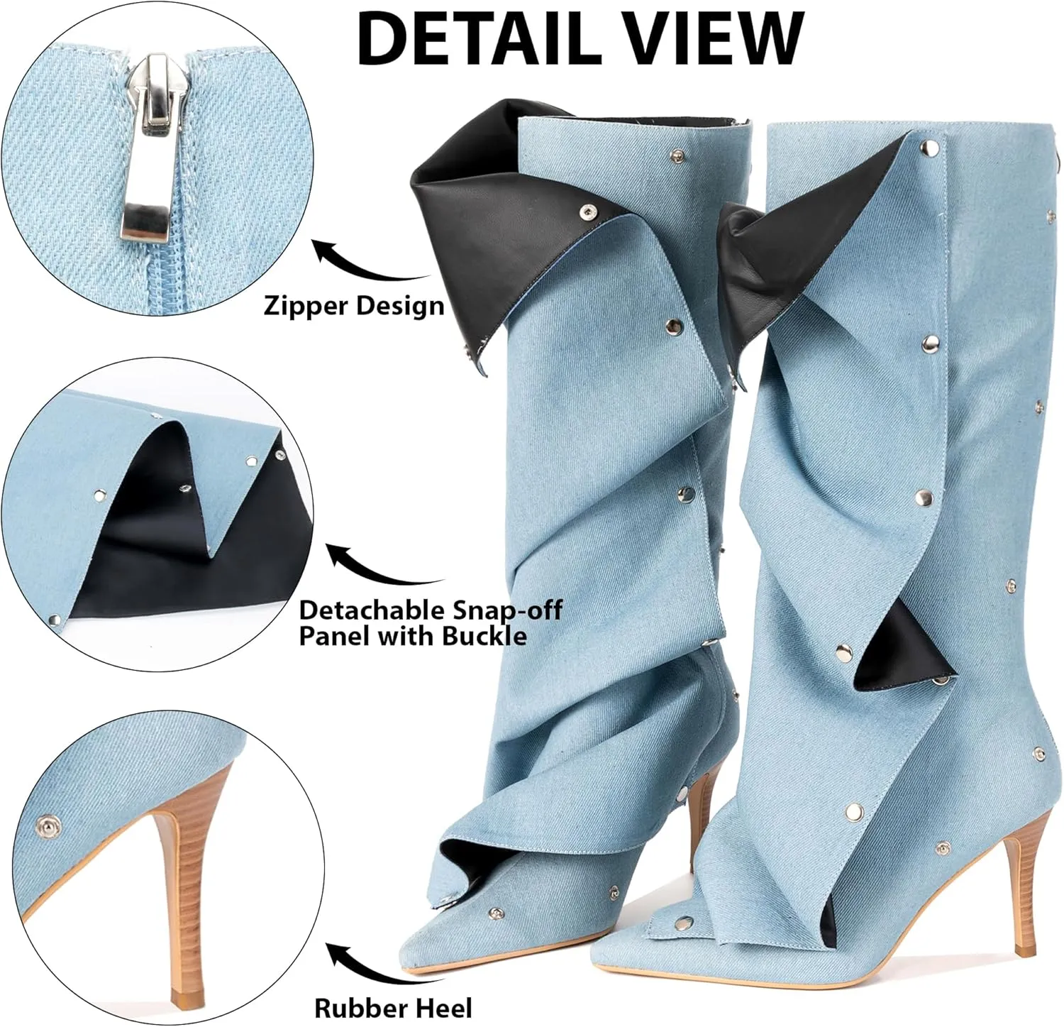 Knee High Boots for Women, Pointed Toe Stiletto Shark Boots, Detachable High Heels Fold Over Long Boots Ruched Slouchy Tall Studded Sexy Boots for Women