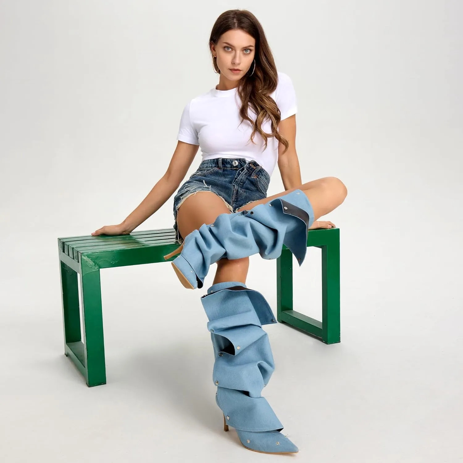 Knee High Boots for Women, Pointed Toe Stiletto Shark Boots, Detachable High Heels Fold Over Long Boots Ruched Slouchy Tall Studded Sexy Boots for Women