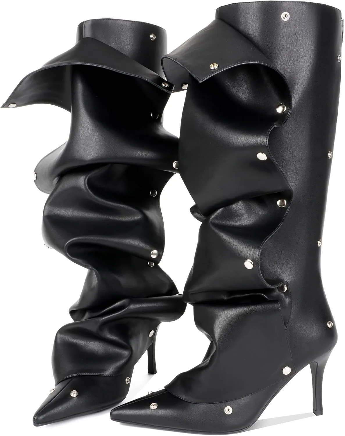 Knee High Boots for Women, Pointed Toe Stiletto Shark Boots, Detachable High Heels Fold Over Long Boots Ruched Slouchy Tall Studded Sexy Boots for Women