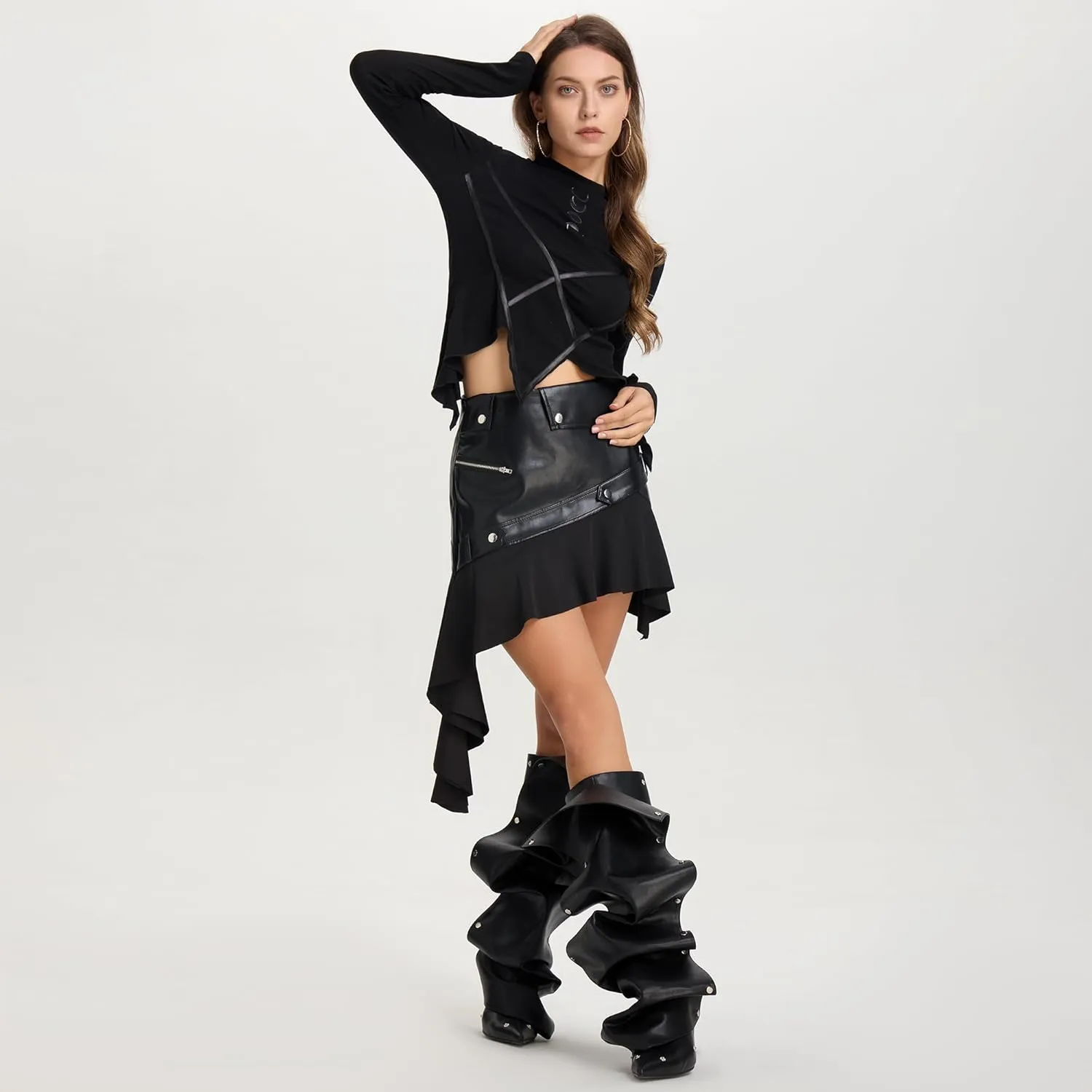 Knee High Boots for Women, Pointed Toe Stiletto Shark Boots, Detachable High Heels Fold Over Long Boots Ruched Slouchy Tall Studded Sexy Boots for Women