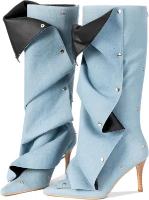 Knee High Boots for Women, Pointed Toe Stiletto Shark Boots, Detachable High Heels Fold Over Long Boots Ruched Slouchy Tall Studded Sexy Boots for Women
