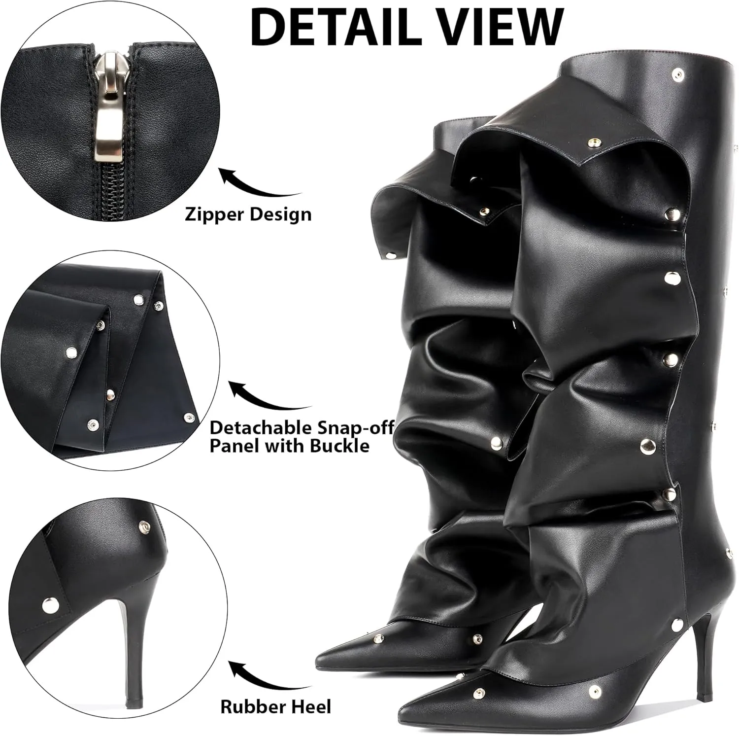 Knee High Boots for Women, Pointed Toe Stiletto Shark Boots, Detachable High Heels Fold Over Long Boots Ruched Slouchy Tall Studded Sexy Boots for Women