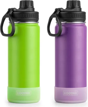 koodee Water Bottle 2 Pack-22 oz Stainless Steel Insulated Sports Metal Water Bottle-Double Wall Vacuum Flask with Leakproof Spout Lid (Apple Green-Purple)