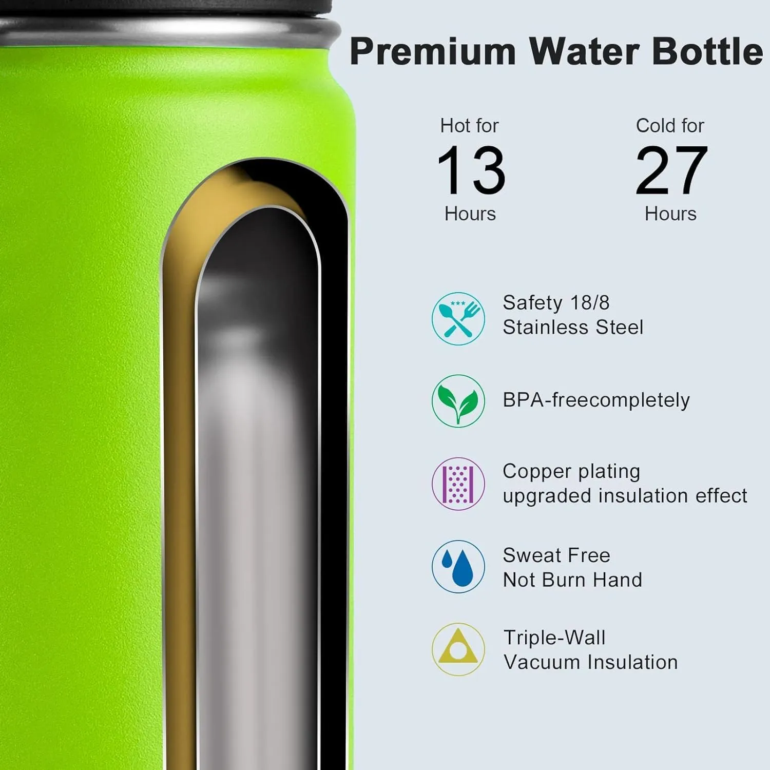 koodee Water Bottle 2 Pack-22 oz Stainless Steel Insulated Sports Metal Water Bottle-Double Wall Vacuum Flask with Leakproof Spout Lid (Apple Green-Purple)